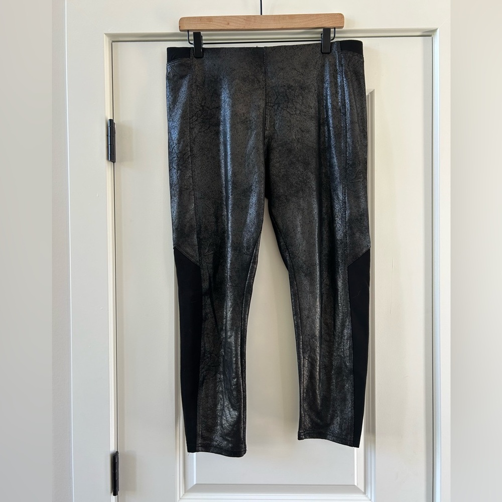 Soft Surroundings Leggings Womens Sz Petite L Black Silver Metallic Stretch